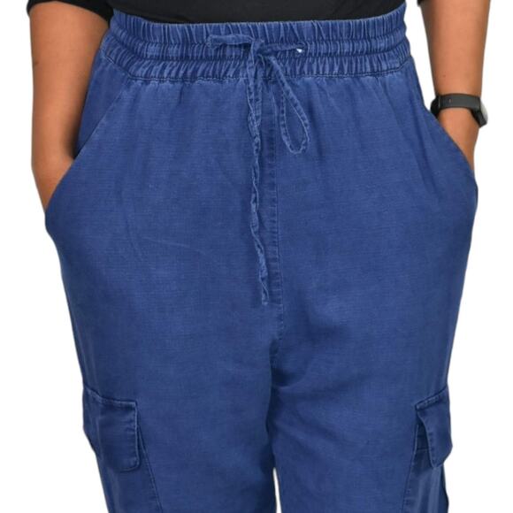 Zara Cargo Pants Blue High Waisted Ruched Crop Jogger Elastic Linen Size Small - Picture 4 of 14